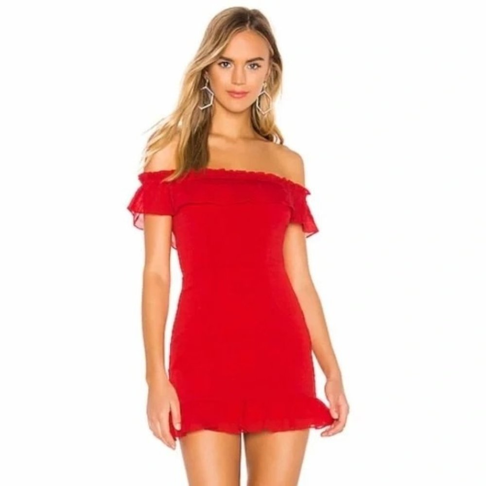 NEW Superdown Jennifer Flirty Red Off Shoulder Ruffle Mini Dress Size S